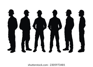 Männlicher Architekt Silhouette Set Vektorgrafik auf weißem Hintergrund. Anonyme Architekten mit Sicherheitshelmen Silhouette-Bundles. Männliche Arbeiter, die Uniformen tragen und in verschiedenen Positionen stehen.