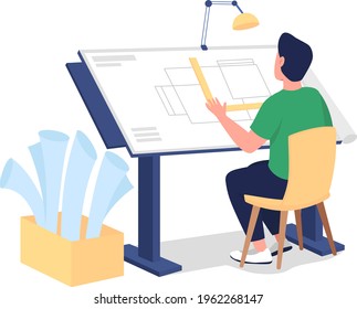 Male architect at work flat color vector faceless character. Designer drawing floor blueprint. Professional workshop isolated cartoon illustration for web graphic design and animation