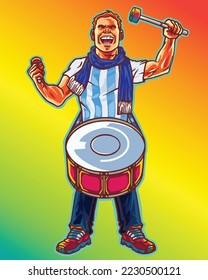 Male Argentina Football Supporter Playing Drum