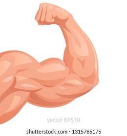 Male arm with a big strong bicep. Vector symbol of a healthy power. Tense flex muscles of sportsman. Light brown and coral colors of a skin. Hand of the sportsman. Detailed clipart. White background 