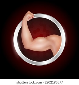 Male arm with a big strong bicep. Tense flex muscles of sportsman in label aluminum. Logo dietary supplement for bodybuilding fitness. Sport medical concept. On a white background 3D vector.