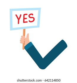 Male arm, hand in business suit sleeve holding yes sign, showing approval, confirmation, cartoon vector illustration on white background. Funny cartoon male arm showing yes sign, plate