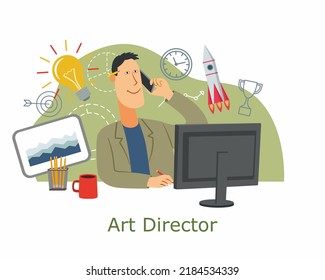 Male art director. A positive guy surrounded by office symbols