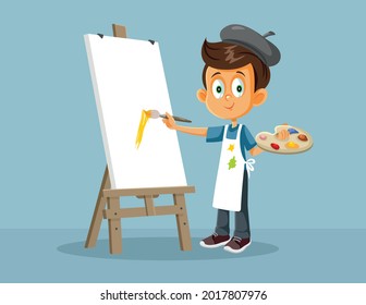 Male Art Student Painting On An Easel Vector Cartoon. Talented Child Learning How To Paint On A Easel In Art Class 
