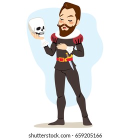 Male artist actor playing Hamlet holding skull