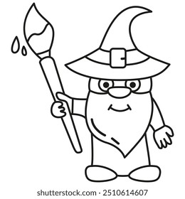 Male artist applying paint.Painting hobby.Gnome with a brush in his hands painting.Gnome artist paint brush.