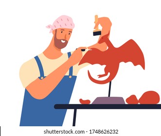 Male artist create sculpture of mythology dragon vector flat illustration. Creative sculptor in overalls holding equipment isolated on white. Man working with plaster or gypsum