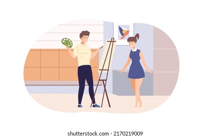 Male artist drawing portrait of girl on canvas at workshop. Pretty girl model posing in front of easel in classroom or art studio. Male artist working on painting flat vector