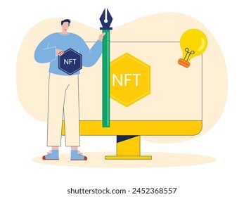 Male artist holding pen drawing, NFT investment. Character design. Vector flat illustration
