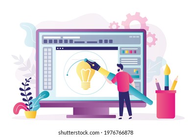 Male artist with large stylus draws on screen. Digital designer working on picture on computer monitor. Man draws in special application. Concept of graphics design and artwork. Vector illustration