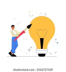 Male Artist Painting Large Lightbulb In Flat Vector Illustration Symbolizing Creativity, Innovation, And Artistry, Isolated On White Background