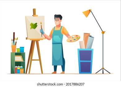 Male artist painting on canvas in studio concept illustration