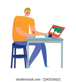 Male artist painting picture flat vector illustration