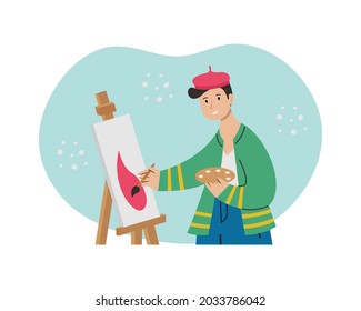 A male artist paints a picture on an easel. Creative professions.