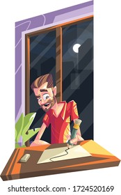 Male artist Peacefully Working In Night Vector Illustration Isolated On White Background