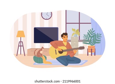 Male artist playing and practicing instrument sings song cat listen music sitting next to owner. Pet and man spend time together, best friends. Guitar lesson, school and home learning cartoon vector