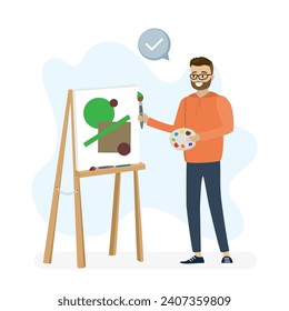 Male artist stands at an easel and draws picture. Funny caucasian man painter is holding brush and palette, process of creating artwork. Art studio. Creative guy works. Flat vector illustration