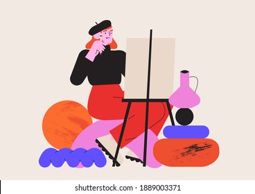 Male artist working with oil paint drawing still life with a brush on a white canvas. Creative idea for drawing or art classes, lessons or online courses. Vector graphic for ui or website project.