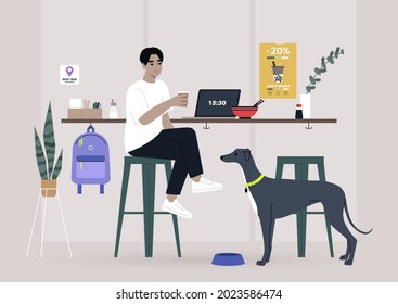 A male Asian freelancer having lunch with their pet in a dog friendly cafe, a counter with bar stools