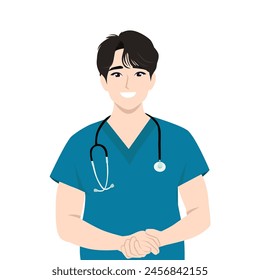 Male asian nurse wearing scrubs. International nurses day. Flat vector illustration isolated on white background