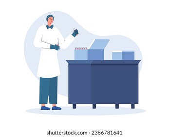 A male assistant in a protective uniform with lab coat, gloves and headgear puts samples into a box for scientists to examine. Character design. Vector flat illustration