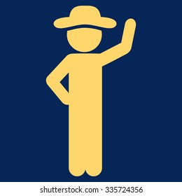 Male Assurance vector icon. Style is flat symbol, yellow color, rounded angles, blue background.