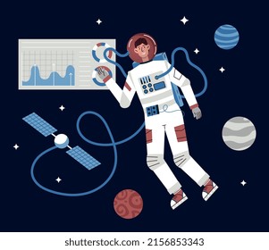 Male astronaut concept. Young man in spacesuit flies in outer space and analyzes celestial bodies. Scientist studies planets, stars and satellites in zero gravity. Cartoon flat vector illustration