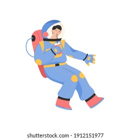 Male astronaut drinking soda and flying in zero gravity. Cosmonaut in spacesuit with fast food isolated person. Space adventure, cosmos exploration, scientist job. Vector character illustration