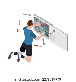 Equipo de fijación de astronautas masculinos en ilustración vectorial isométrica de estado de gravedad cero