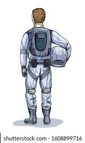 Male astronaut with helmet in hand, back view, full color sketch, hand drawn vector illustration, white background