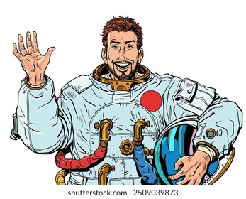 A male astronaut looks forward and waves his hand, taking off his helmet. World Day of Cosmonautics and Universe Exploration. An offer from a costume store for a holiday. Pop Art Retro Vector