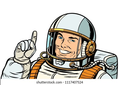 male astronaut pointing up, isolate on white background. Pop art retro vector illustration kitsch vintage drawing