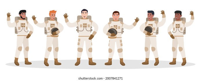 Male astronaut in spacesuit holding helmet waving hands set. Cartoon spaceman cosmic explorer showing greeting welcome gesture sign vector illustration isolated on white background