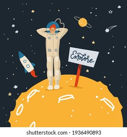 Male astronaut in spacesuit stand on surface of moon with holding a signboard Explore. Space background with the silhouette of the rocket amd planets. Flat vector illustration.