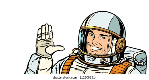 male astronaut voting hand up. Pop art retro vector illustration vintage kitsch drawing