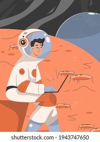 Male astronaut works on laptop and does scientific research. Man scientist in spacesuit studying life forms on planet's surface. Colonization space mission concept. Vector character illustration