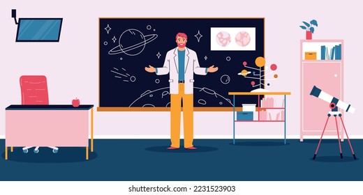 Profesora de escuela de astronomía masculina frente a la pizarra en un aula moderna con telescopio tv y sistema solar modelo de vector plano