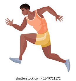 male athlete African-American in a yellow T-shirt and orange shorts quickly runs and tries to win the competition, isolated object on a white background, vector illustration