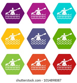 Male athlete in a canoe icon set many color hexahedron isolated on white vector illustration