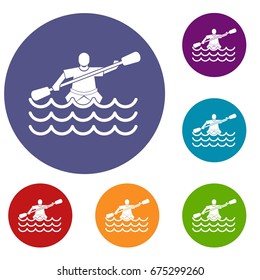 Male athlete in a canoe icons set in flat circle reb, blue and green color for web