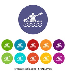 Male athlete in a canoe set icons in different colors isolated on white background
