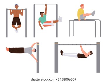 Male athlete cartoon characters doing different calisthenics body fitness tricks and stunts on bars