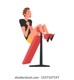 Male Athlete Character Doing Sit Ups on the Bench in Gym, Active Sport Lifestyle Vector Illustration