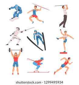 Male Athlete Character in Sports Uniform set, Golf Player, Snowboarder, Javelin Thrower, Fencer, Shot Putter, Weightlifter, Skier Vector Illustration