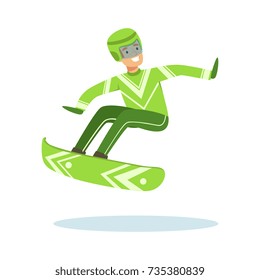 Male athlete character in sportswear jumping with snowboard, active sport lifestyle vector Illustration