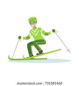 Male athlete character in sportswear skiing, active sport lifestyle vector Illustration