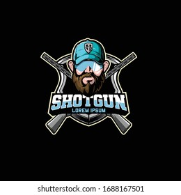 Male Athlete Clay Pigeon Shooting With Cross Shotgun Vector Logo Template