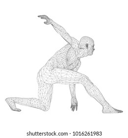 Male athlete discus thrower or a runner, in standby or low start. Views from different sides. Vector illustration of black, triangular grid on a white background.