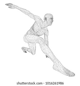 Male athlete discus thrower or a runner, in standby or low start. Views from different sides. Vector illustration of black, triangular grid on a white background.