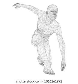 Male athlete discus thrower or a runner, in standby or low start. Views from different sides. Vector illustration of black, triangular grid on a white background.